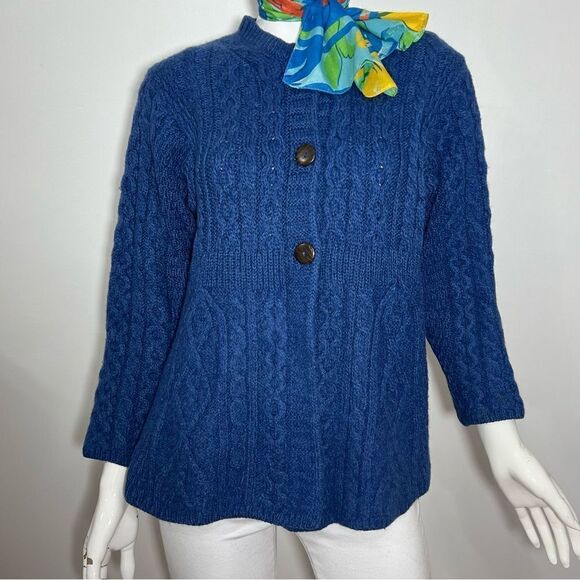 Carraigdonn Made in Ireland 100% Merino Wool‎ Royal Blue Cable Knit Cardigan - L - Picture 5 of 10